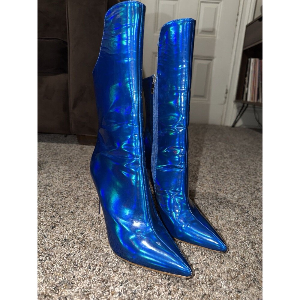 Azalea Wang Size 10 Blue Holographic Knee High Stiletto Boots Pointed Toe
